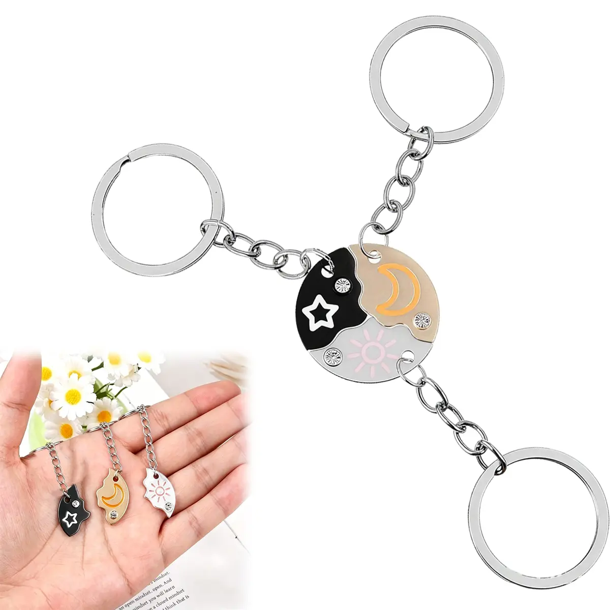 2026 New Set of 3 Round Rhinestone Star Moon Sun Friendship Keychain/Necklace/Bracelet BFF Best Friends Forever Fantasy Cute Pendant for Unbreakable Friendship