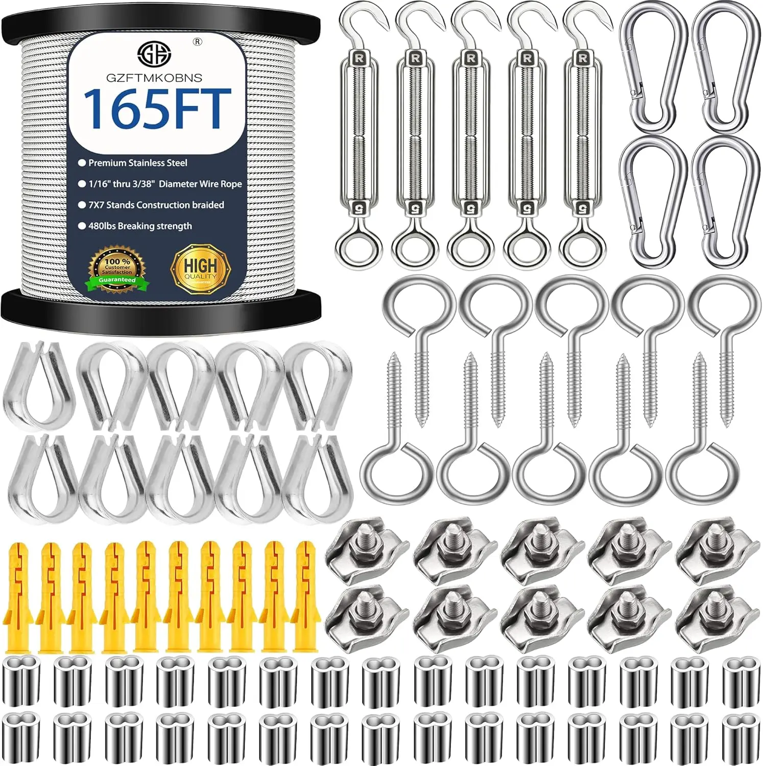 1/16 Wire Rope Kit,String Light Hanging Kit , Outdoor Light Guide Wire, 50M/165FT Vinyl Coated Stainless Steel Cable Wire for Outdoor,Garden,Kitchen,Craft with Turnbuckle (50M, 165FT, 80)