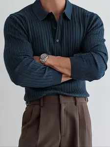 Men's Striped Polo Shirt with Ribbed Collar, Long Sleeve Casual Work Polo, Perfect Gift for Friends, Stylish Men's Clothing