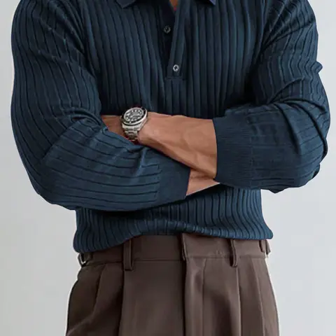 Men's Striped Knit Polo Shirt with Ribbed Collar, Long Sleeve Casual Work Polo, Perfect Gift for Friends, Stylish Men's Clothing