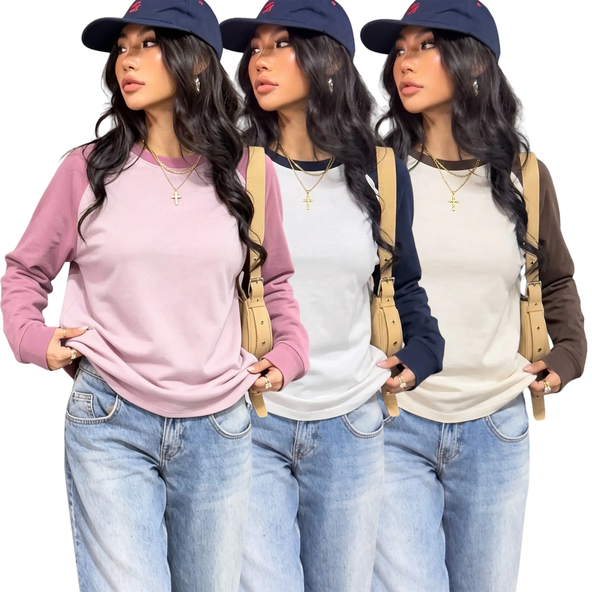 Women’s three-piece casual color-block long-sleeve top set, made from soft, simple pure cotton fabric with a crew neck that helps create a slimming look, suitable for home, office, hiking, and everyday wear.