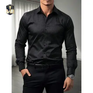 Men's Slim-Fit Lapel Collar Long-Sleeve Shirt - Black Grid Pattern Button- Blouse, Machine Washable Winter Office & Weekend Wear, Versatile Casual Dress for Modern Gentlemen (Regular Fit)