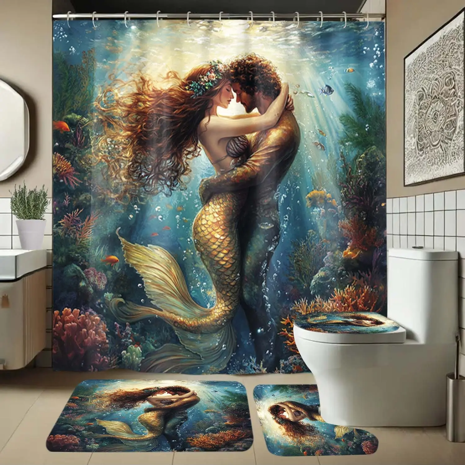 Mermaid Pattern Bathroom Accessories Set, Includes Shower Curtain, U-Shaped Toilet Pad, Lid Cover, Long Rectangle Mat, Elegant Bath Decor, Shower Curtain Sets