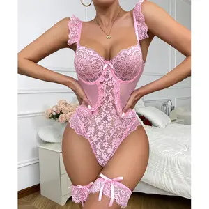 Pink Sexy Floral Bodysuit for Women - Plus Size Elegant Corset Garter Lingerie Set with Adjustable Straps & Soft Breathable Fabric for Daily Wear & Sleepwear