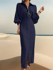 ZANZEA Women's Solid Color Dress, Casual Dress Style Collared Long Sleeve Fitted Waist Open Front Mid-Length Design, Ideal for Daily Commuting, Everyday Casual Wear Womenswear Minimalist Elegant Chic