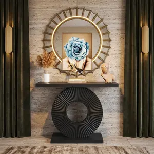 40 Inch Modern Console Table with Floral Geometric Base, Narrow MDF Wood Entryway Accent Table, Contemporary Wave Pedestal Sofa Table with Anti-Slip Design for Living Room Hallway Foyer Home Decor