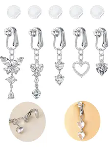 Fake Belly Button Piercing for Women, Dangle Butterfly Heart Clip on Belly Button Rings, Non Piercing Belly Rings, Stainless Steel Faux Navel Jewelry, Fashion Body Jewelry
