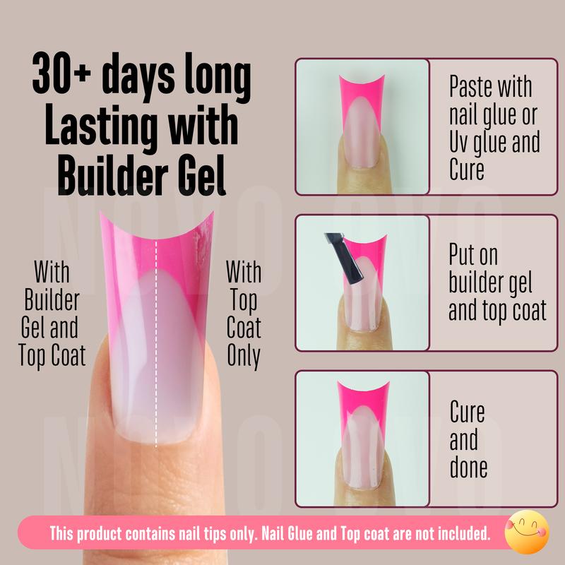 NOVO OVO French Tip Duck Feet Nail Tips 5 Mix Color Full Cover for Press on Acrylic with Moon Curve, Need Top Coat and Builder Gel, Thick Medim Soft Gel Fake False Nail Extension X 15 Sizes 150 Pcs【NO GLUE ,TOP COATAND LAMP INCLUDED】