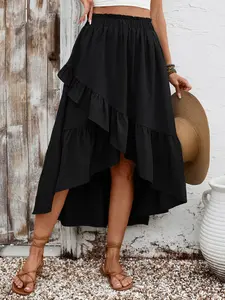 Women's Ruffled Midi Skirt, Elastic High Waist, Casual Loose Fit, Vintage, Perfect for Parties and Daily Wear, Spring Summer Fashion, Bottom