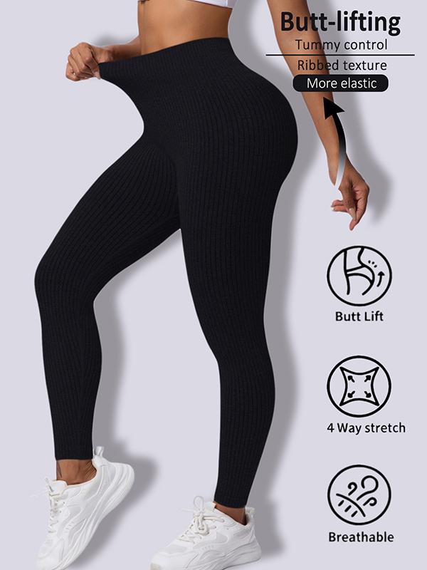 Fashion Candy Colors Women High-Waisted Butt-Lifting Tummy-Control Leggings, Soft Comfortable Breathable Elastic Ribbed Texture Sport Pants, Gym Workout Yoga Fitness Leggings, Suitable For Casual and Versatile Styles, Everyday Wear Must-Have For Wardrobe