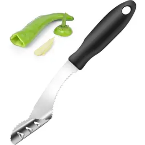 2-in-1 Jalapeno Corer, Stainless Steel Pepper Seed Remover with Serrated Edges, Comfortable Rubber Handle - Black