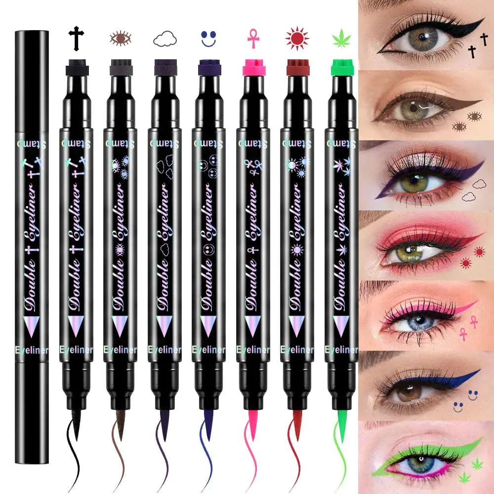 Colored Eye Liners Face Stamp Cosplay Gothic Makeup Set Kit Accessories, Black Brown Purple Blue Red Pink Green Stamps Eyeliner, Star Flowers Heart Moon Triangle Lightning Butterfly Stamp