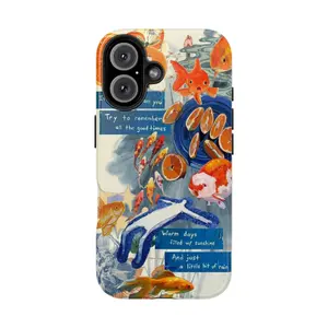 Whimsical Goldfish & Orange Slices Art Phone Case for iPhone 17 Pro Max 17 Air 17Pro 16 15 14 13 12 11 Pro Max, Aesthetic Fish Collage Phone Case, Shockproof Heavy Duty Protective Cover, Trendy Sentimental Quote & Fish Tough Case