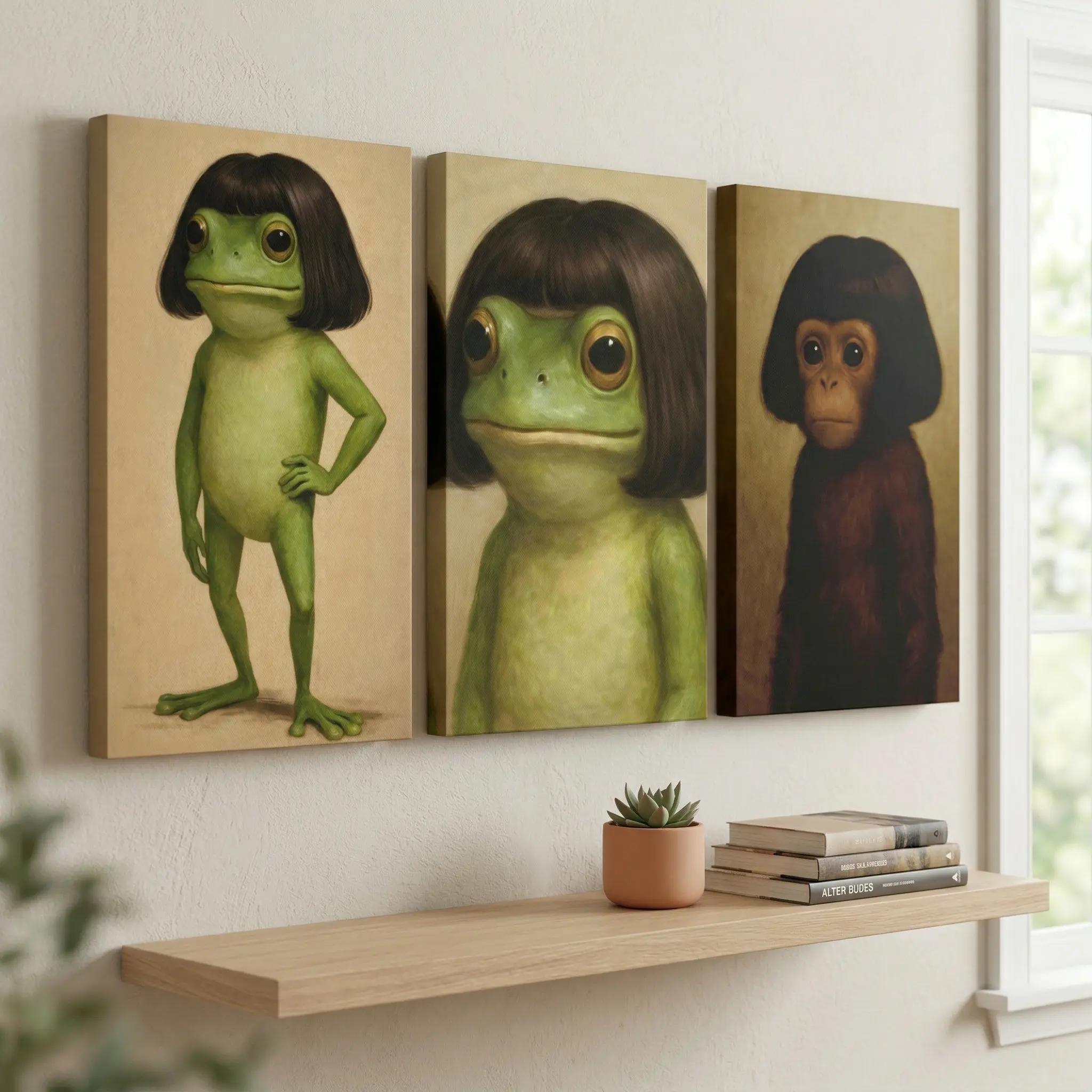 "The Vibe is Real!" Quirky Bob-Cut Animal Canvas Art | Modern Surrealist Frog & Monkey Poster | Eye-Catching Whimsical Home Decor