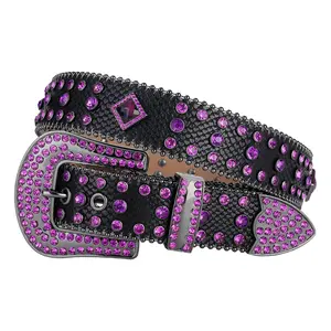 Y2K Western Rhinestone Belt for Men & Women | Vintage Violet Vegan Leather with Floral & Cheetah Buckle - Sparkling Cowboy Gift for Concerts, Rodeo & Streetwear