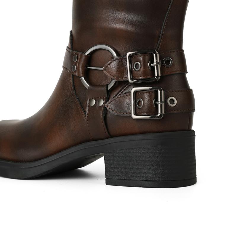CELNEPHO Motorcycle Combat Boots Round Toe Chunky Block Vintage Heel Metal Buckle Design Pull on Rocky Boots Gift Party Riding Spring Valentine Fashion Dress Shoes