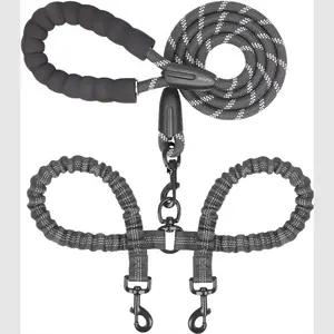 Double Dog Leash for 2 Dogs - 360 Swivel No Tangle Dual Dog Walking Leash with Shock Absorbing Bungee, Reflective Rope & Comfort Padded Handle for Small Medium Large Dogs (Adjustable, 8-35 lbs)
