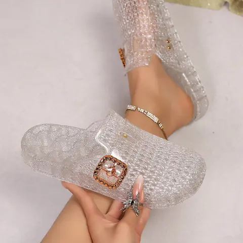 Transparent Crystal Fashion Clear Jelly Mules for Women, Textured Design with Square Buckle Decoration, Slip-On Style with Soft Elastic Sole, Summer Streetwear Footwear