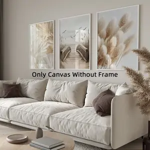 3Pcs/Set Optinal Frame Neutral Boho Wall Art, Pampas Canvas Posters, Aesthetic Room Decor, Farmhouse Decor, Artwork Wall Painting For Gift, Wall Picture For Living Room, Bedroom, Home And Dormitory Decoration, Home Decor Products