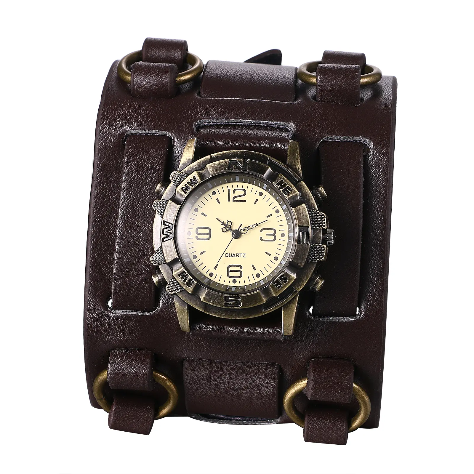 OIDEA Men's Wide Leather Punk Motorcycle Watch - Retro Antique Masculine Number-Based Quartz Analog Sport Casual Wrist Watch, Antique Quartz Watches, Masculine Quartz Watches