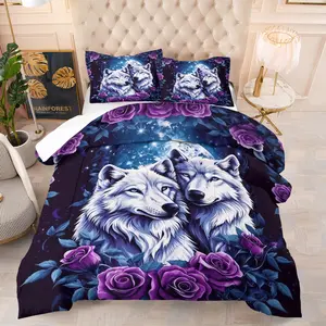 Romantic Double Wolf Hugging Pattern Comforter Set, Including 1 Comforter And 1 Or 2 Pillowcases (Excluding Pillow Core), Rose Moon Night Print Bedding Set, Suitable For Children, Adults And Animal Lovers, For Bedroom And Dormitory Decoration, Quilt Set