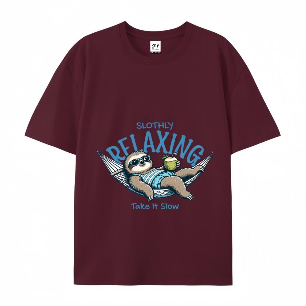 Slothly Relaxing Funny Sloth Graphic Tee Summer Vacation Casual Top For Men & Women Cartoon Drop Shoulder Short Sleeve Crew Neck Tshirt - Menswear