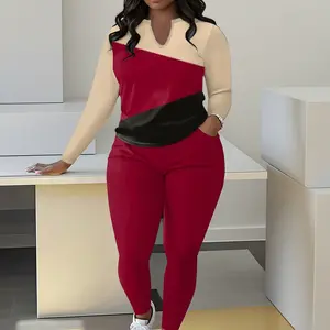 2 piece sets women Women's Clothing Sets-Plus-size women's two-piece set, featuring a long-sleeved top and fitted pants. Casual and comfortable styling. Matching Outfits Womenswear