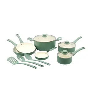 Mainstays 12 Piece Ceramic Nonstick Aluminum Pots and Pans Cookware Set with Green Handles and Lids