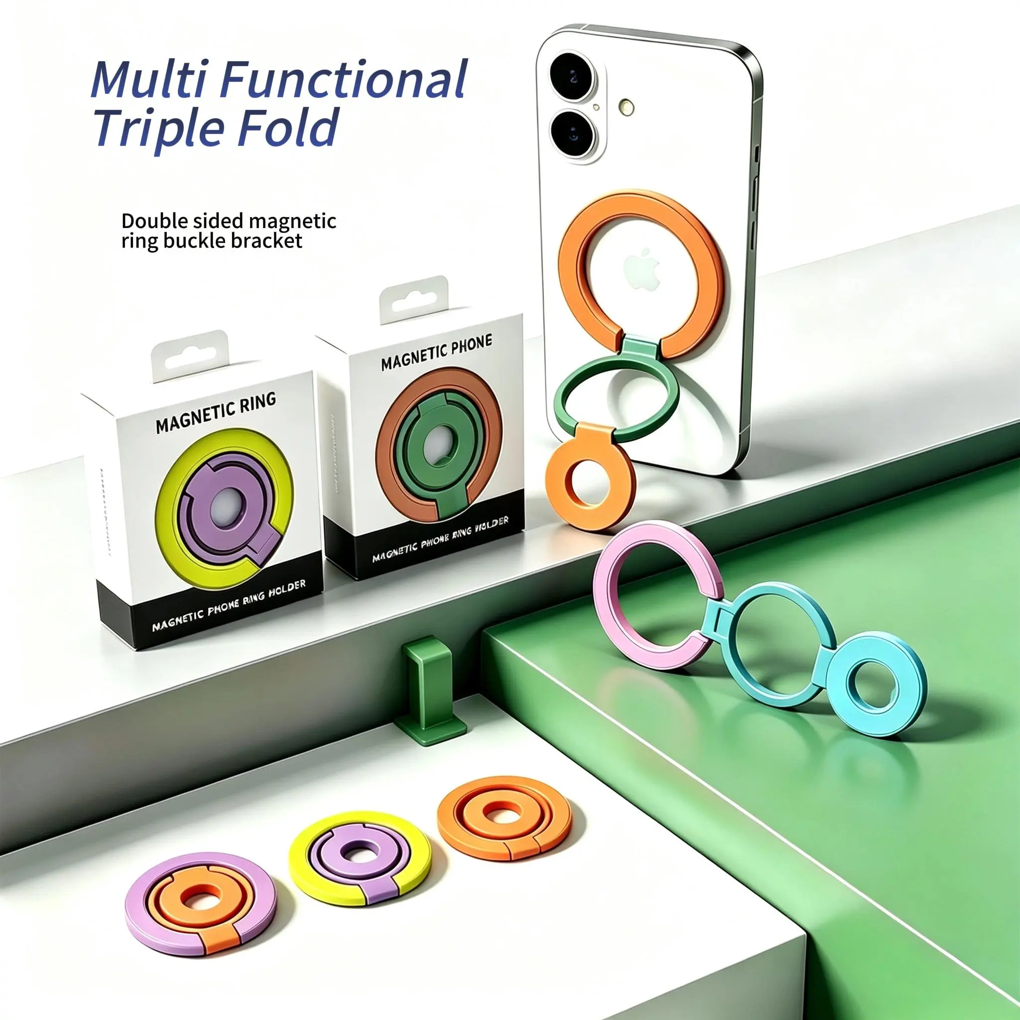 Magnetic Folding Phone Stand Holder - Exclusive Gradient Color Design, Adjustable Phone Grip, Double Sided Magnets, 360° Rotation, Slim Foldable Kickstand, Phone Decoration Accessory, Easy Install & Removal, Compatible with iPhone &Samsung &Android Phone