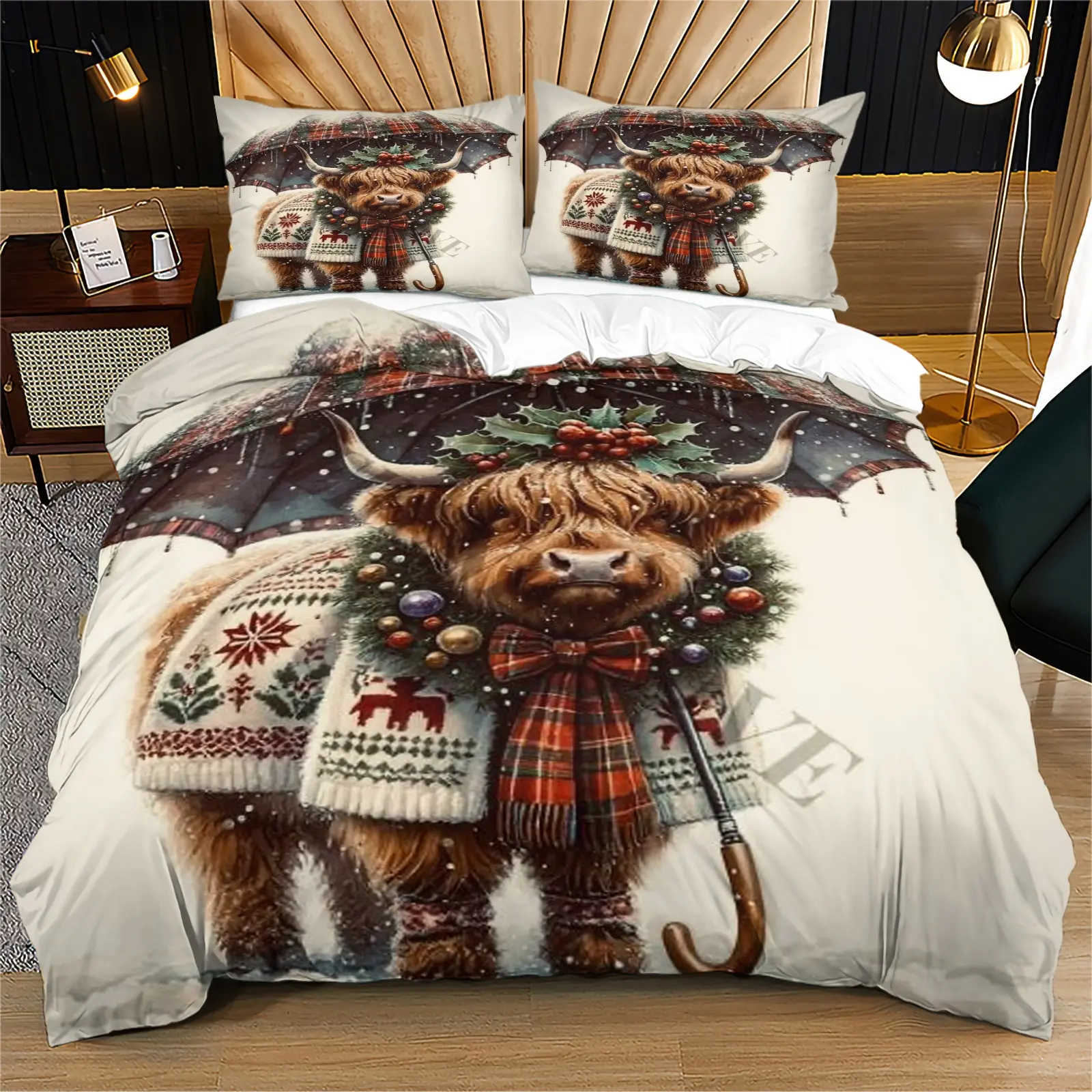 Christmas animal series duvet covers, rabbit highland cows, etc., suitable for children's Christmas bedroom decoration gifts, including 1 bed duvet cover and 1 or 2 pillowcases without duvet core and pillow core