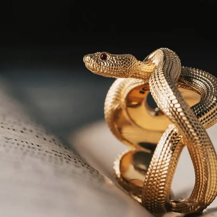 Retro Gothic Snake Wrap Ring, 3D Textured Coiled Serpent Gold‑Tone Adjustable Finger Jewelry