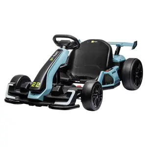 【Christmas Gift】Blue 24V Electric Drift Go Kart For Kids Ages 6 To 12 With 2 Powerful Motors Adjustable Seat Led Lights Music And Safety Belt Blue Ride On Car