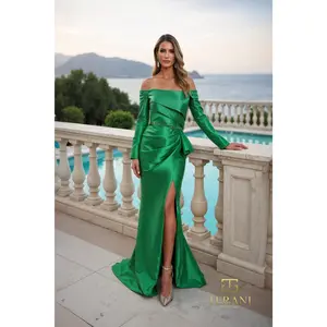 TERANI 261M6412 Dress Off-Shoulder Stretch Mikado Column Gown with Long Sleeves and Slit