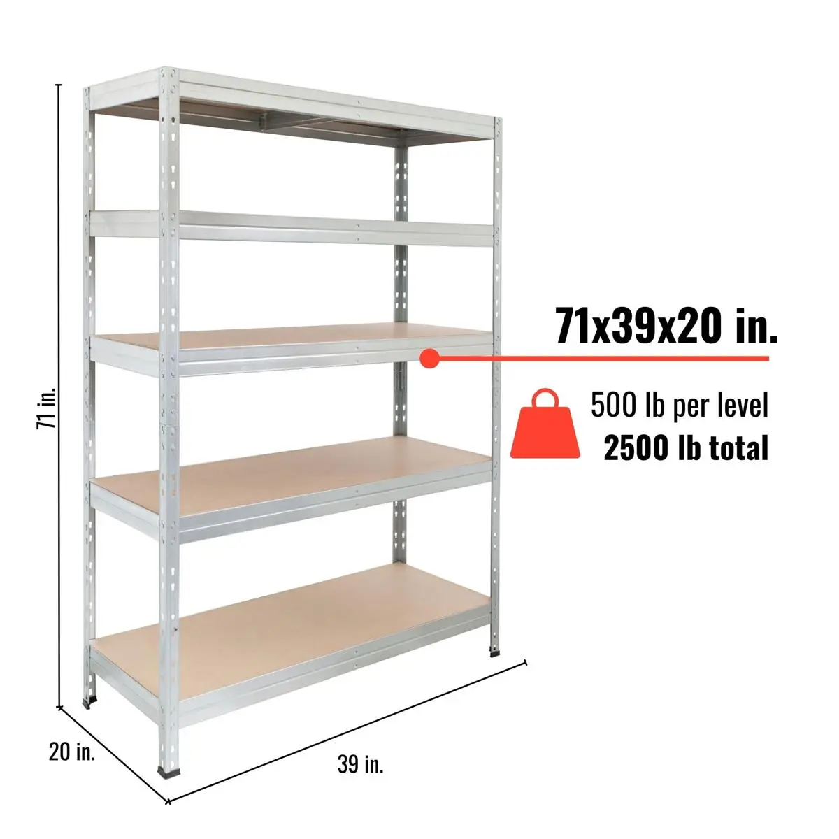 212 MAIN Galvanized AR 5-Tier Freestanding Adjustable Shelf Rack, 39.4x20x71 in, 500lb Capacity, Reinforced Durable Organizer for Garage & Commercial Use