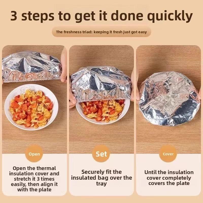 50pcsAluminum foil food warming cover keeps food warm and fresh. High-quality, reusable aluminum foil food cover for the family dining table. Kitchen freshness protector suitable for home and kitchen use.