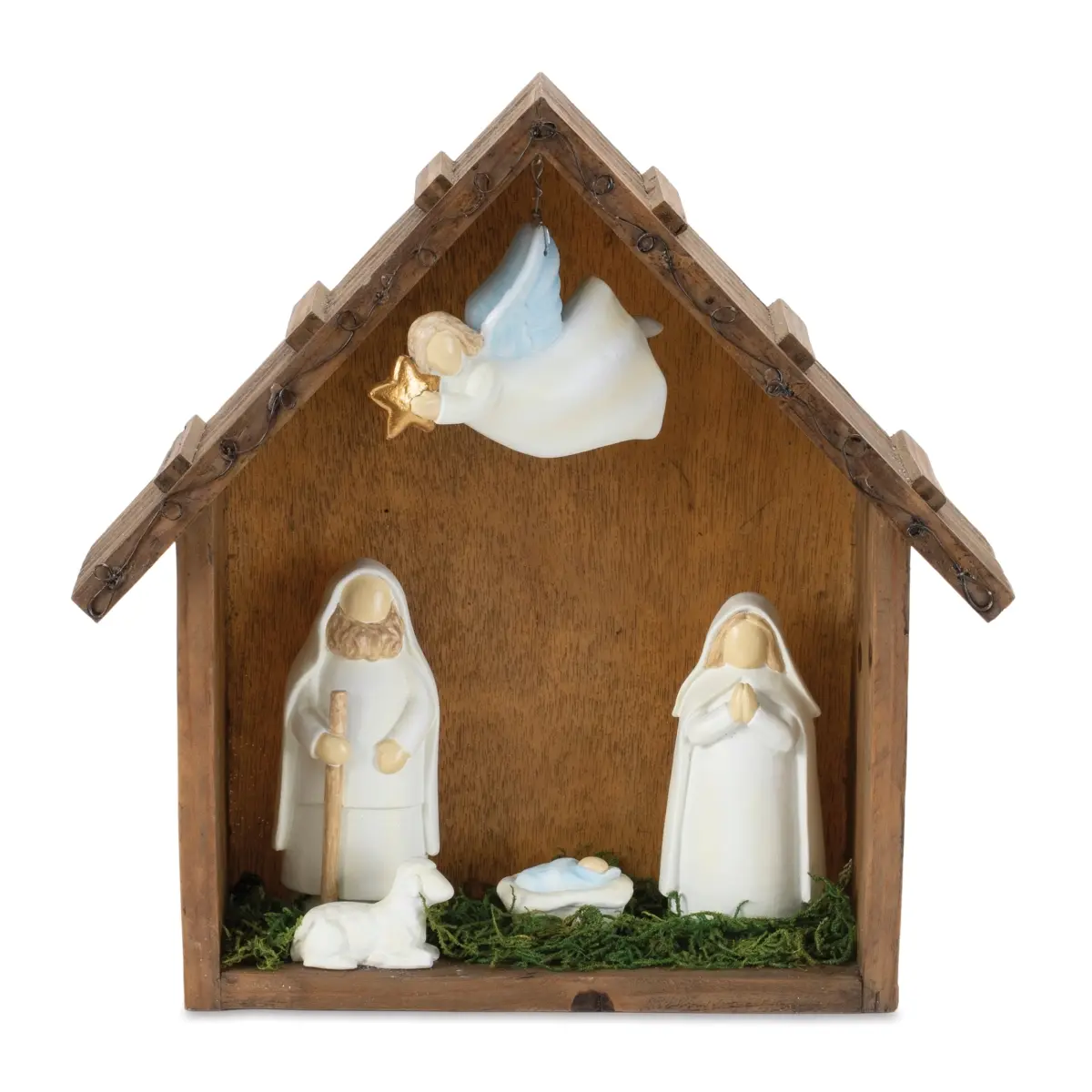 360 Stand Melrose 94035DS 10x9.75 in. Resin Christmas Nativity Set, Traditional Decor, Brown, White & Green, Angel, Backdrop