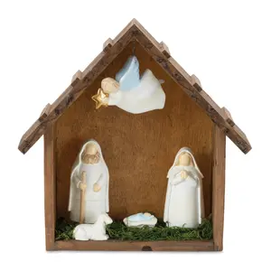 360 Stand Melrose 94035DS 10x9.75 in. Resin Christmas Nativity Set, Traditional Decor, Brown, White & Green, Angel, Backdrop