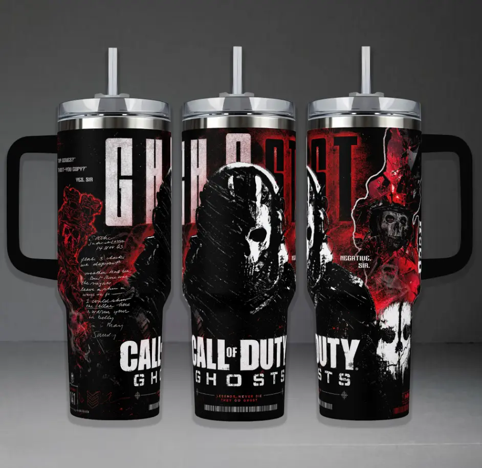 [Gift box & Starw] Call Of Duty Ghosts Insulated Tumbler & Travel Mug Set - 40oz Handle Cup, 20oz Portable Reusable Bottle with Lid, COD Simon Riley Inspired, Tactical Red-Black Graphic, Legends Never Die They Go Ghost Gamer Gift