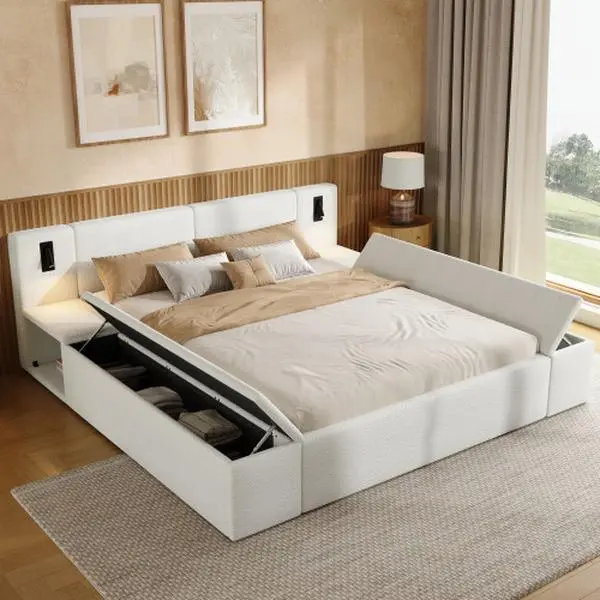 Bellemave  Teddy Fleece Upholstered Platform Bed Frame with Massive Hidden Storage, Modern Bouclé Fabric Bed with Built-in Nightstands & LED Reading Lights, Wood Slats, No Box Spring Needed, White