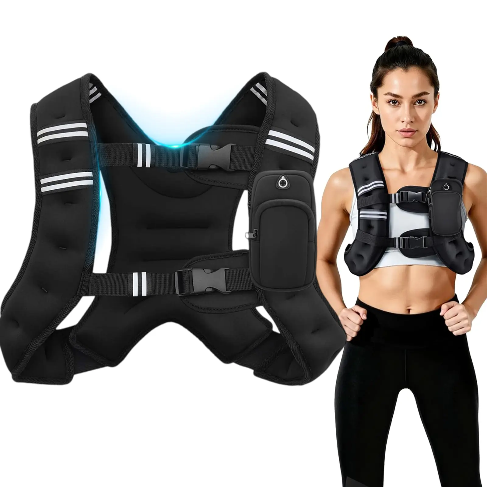 Adjustable Fitness Weighted Vest, 8-25 lbs Unisex Workout Equipment for Running, Walking, and Gym Training with Removable Phone Pouch, Men/Women, 16 Lbs, Stay Connected, Versatile Training, Strength Training Equipment, Muscle Exercise Gear