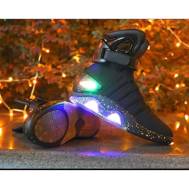 Stylish White USB-Rechargeable Glow-in-the-Dark High-Top Sneakers with Neon Lights & Stripes for Street Dancing & Nighttime Exercise back  to  the  future  shoes