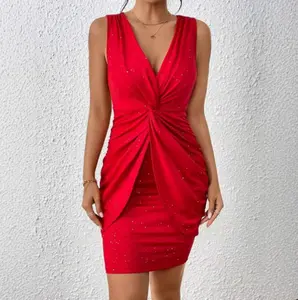 Elegant Red Sequin Sleeveless Bodycon Dress V-neck Ruched Design Polyester Spandex Blend Perfect for Parties Banquets Women's Workwear