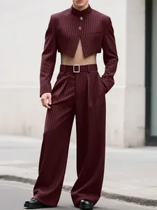 INCERUN Men's Fashion Suit, menswear, Striped Stand Collar Short Sleeve Blazer with Long Pants, Ideal for Everyday Street Style and All Seasons