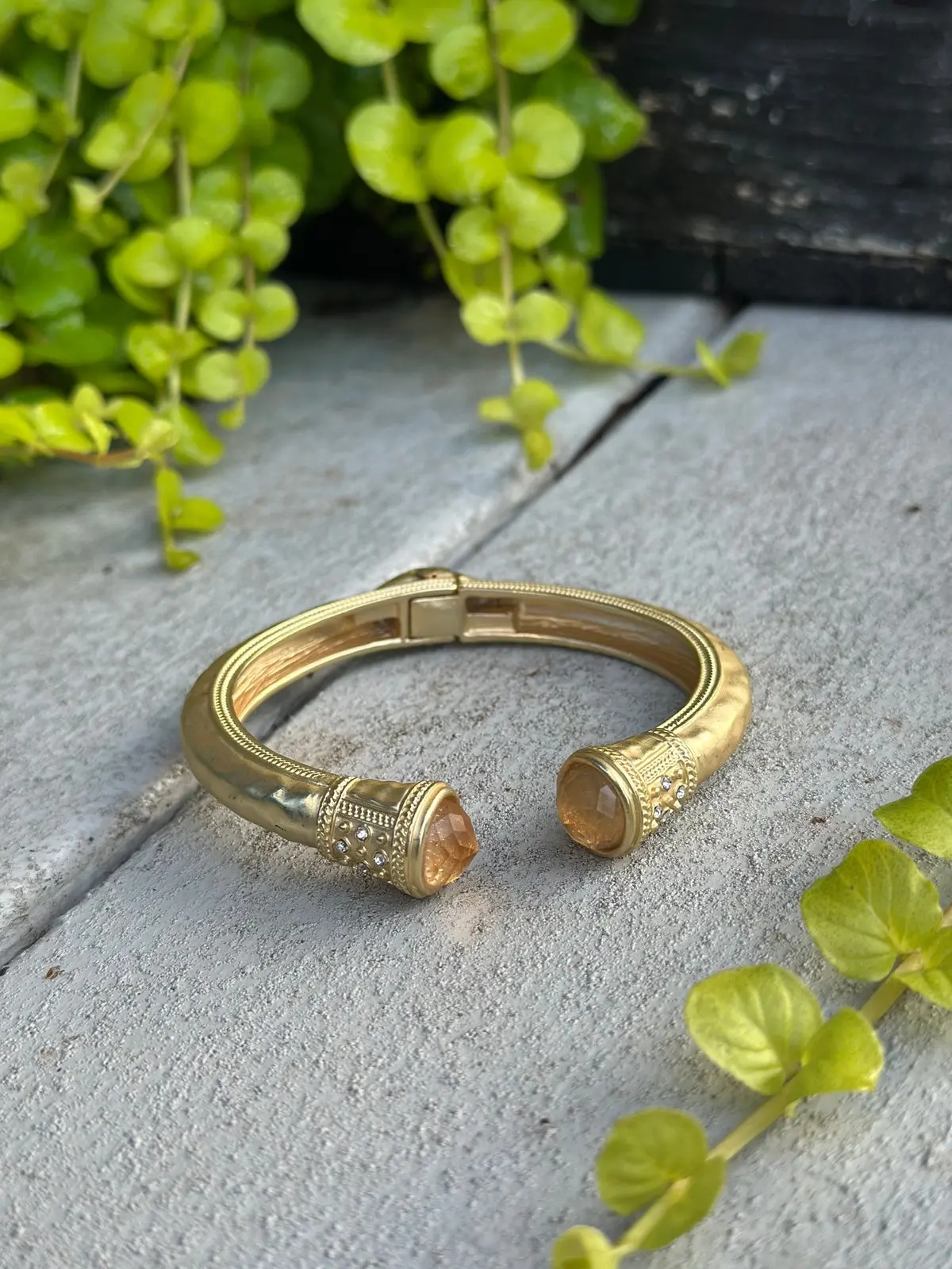 Non-Natural Crystal Bangle Bracelet - Hinged Textured Surface, Rich Golden Finish, Faceted Citrine Stones, Crystal Accents, Elegant Statement Jewelry for Evening Wear, Adults