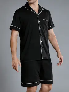 Men's Sleepwear Set, Short Sleeve Shirt with Matching Shorts, Collared Design, Color-Blocked Edges, Comfortable Spring Summer Pajamas, Loungewear, Pjs, Shorts Pyjama Set