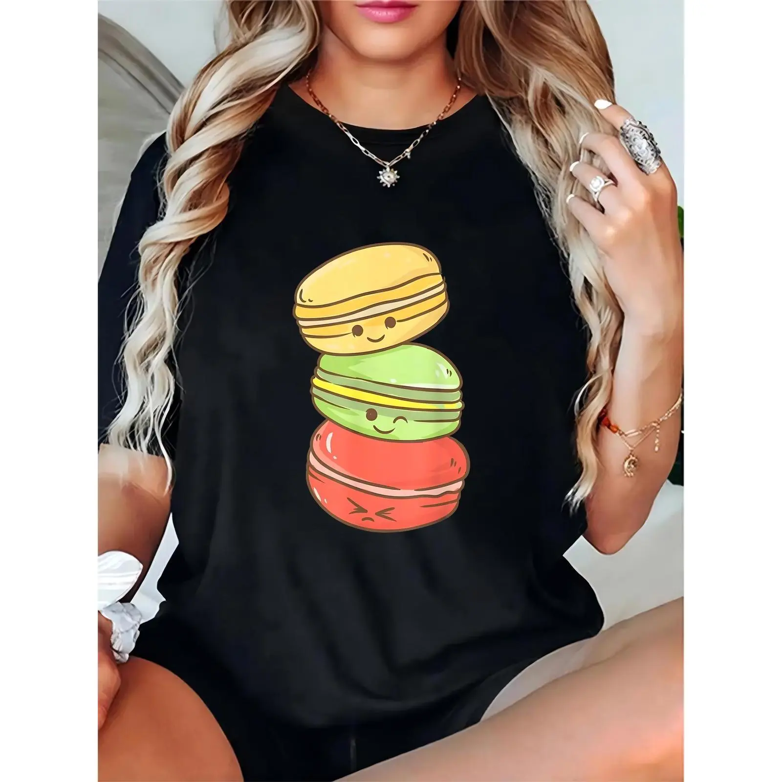 Women's Cute Macaron Stack (Yellow/Green/Red) with Smiling Faces Graphic T-Shirt, Casual Daily/Party Fashion, Black 100% Cotton T-shirt
