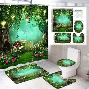 1/4pcs Magical Forest Theme Shower Curtain Set - Enchanted Teal Mist Tall Trees with Glowing Lanterns, Colorful Flowers, Mushrooms & Butterflies, Matching Toilet Seat Cover + 2 Bath Mats for Fantasy Bathroom Decor - Perfect for Spring, Fairy Tale L