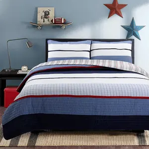 Navy Blue Striped 100% Cotton Quilt Bedding Set, Reversible Coverlet, Bedspread for Boy (Twin - 2 Piece)