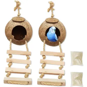 Coconut Hide with Ladder, Natural Coconut Fiber Hanging Birdhouse Cage, Coconut Bird Shell Breeding Nest for Parrot Parakeet Lovebird Finch Canary