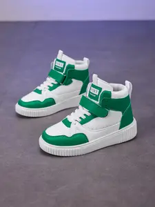 High-Top Sports Shoes, PU Leather Casual Running Shoes, Green, Breathable Comfortable Unisex Kids Sneakers, All Seasons, Athletic Sneaker Footwear, Sporty Breathable Shoes, Trendy High Top
